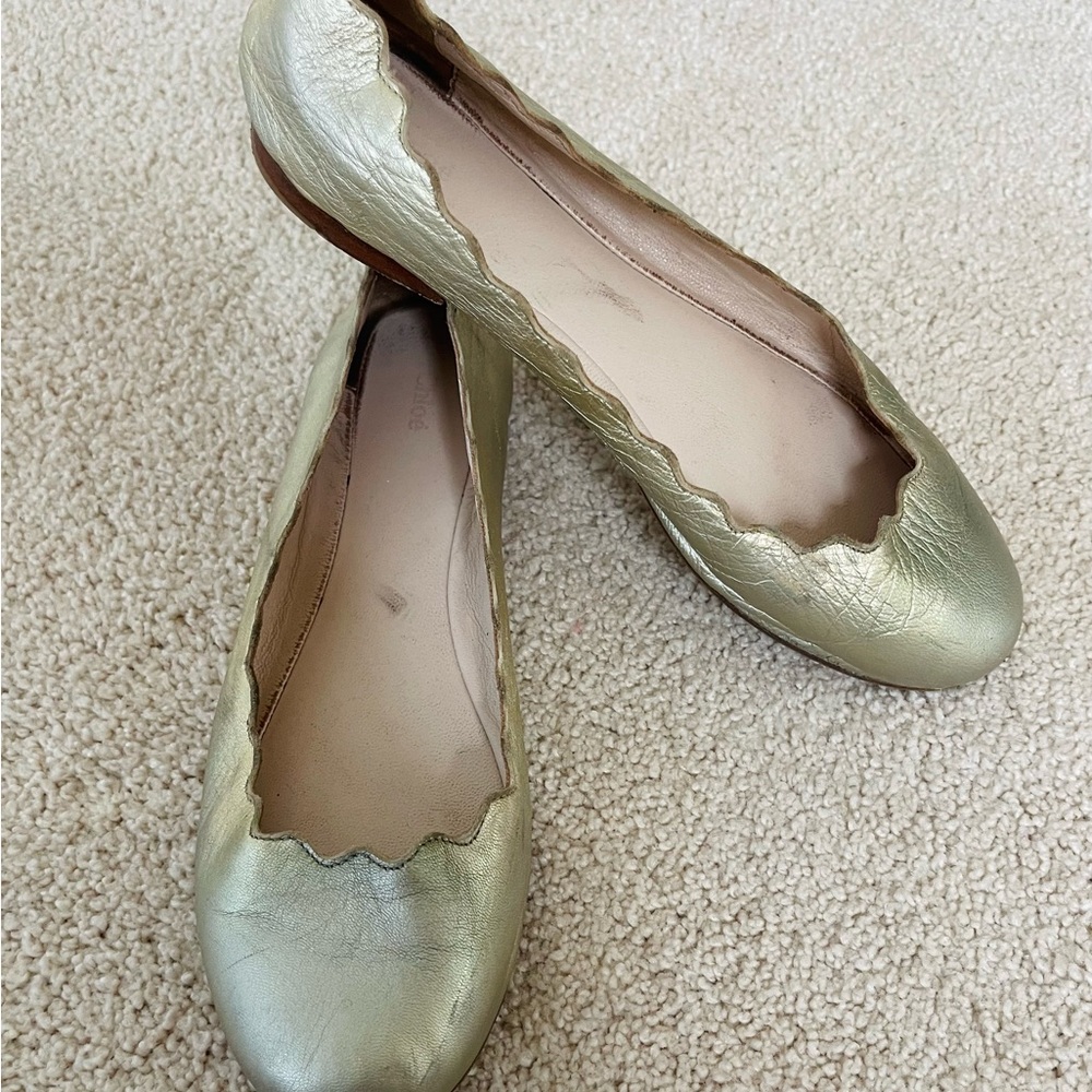 CHLOE LAUREN GOLD LEATHER BALLET 34 4 GIRLS HOLIDAY FLATS SCALLOPED EDGE SLIP IN